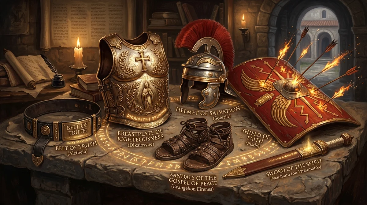 Detailed historical illustration of the Armor of God pieces laid on stone table