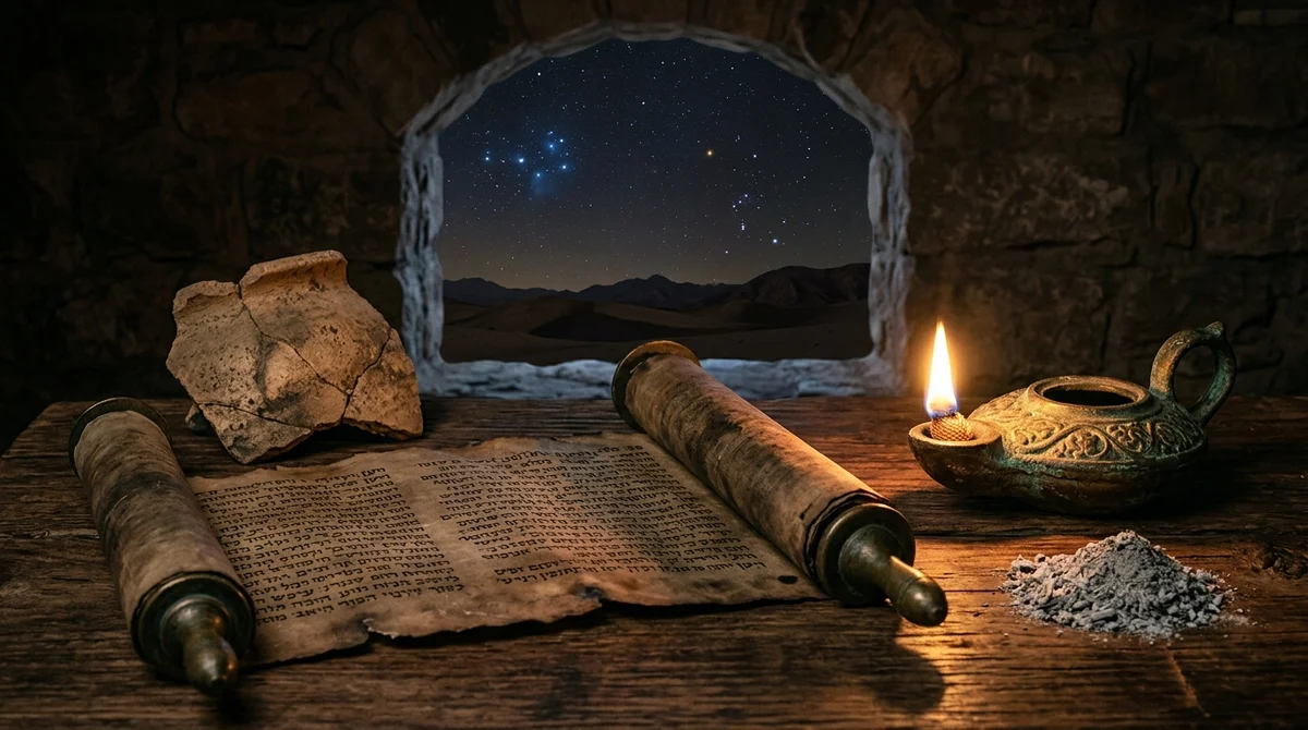 Still life of ancient Hebrew Job scroll on cedar table with broken pottery shard and ashes