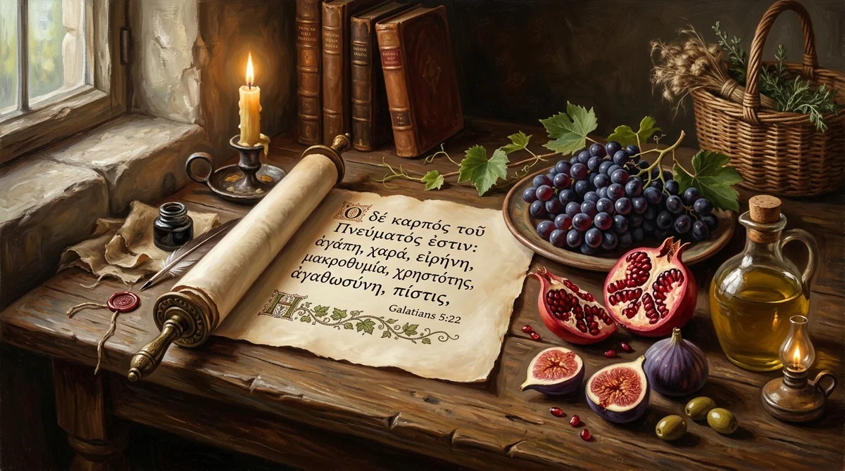 Historical still life of Galatians 5:22 Greek scroll surrounded by harvest fruits