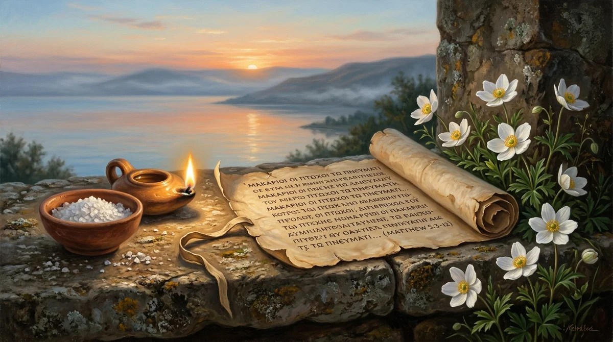 Scholarly still life of Greek manuscript scroll of the Beatitudes with salt and oil lamp