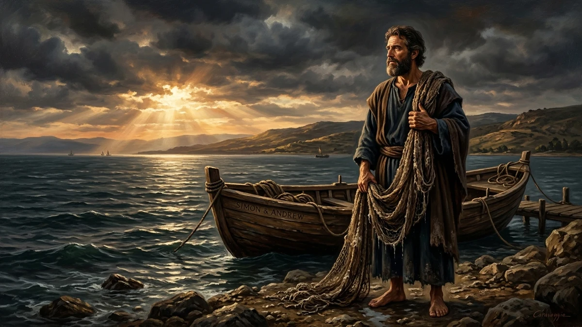 Apostle Andrew standing with fishing nets on Sea of Galilee shoreline at sunrise