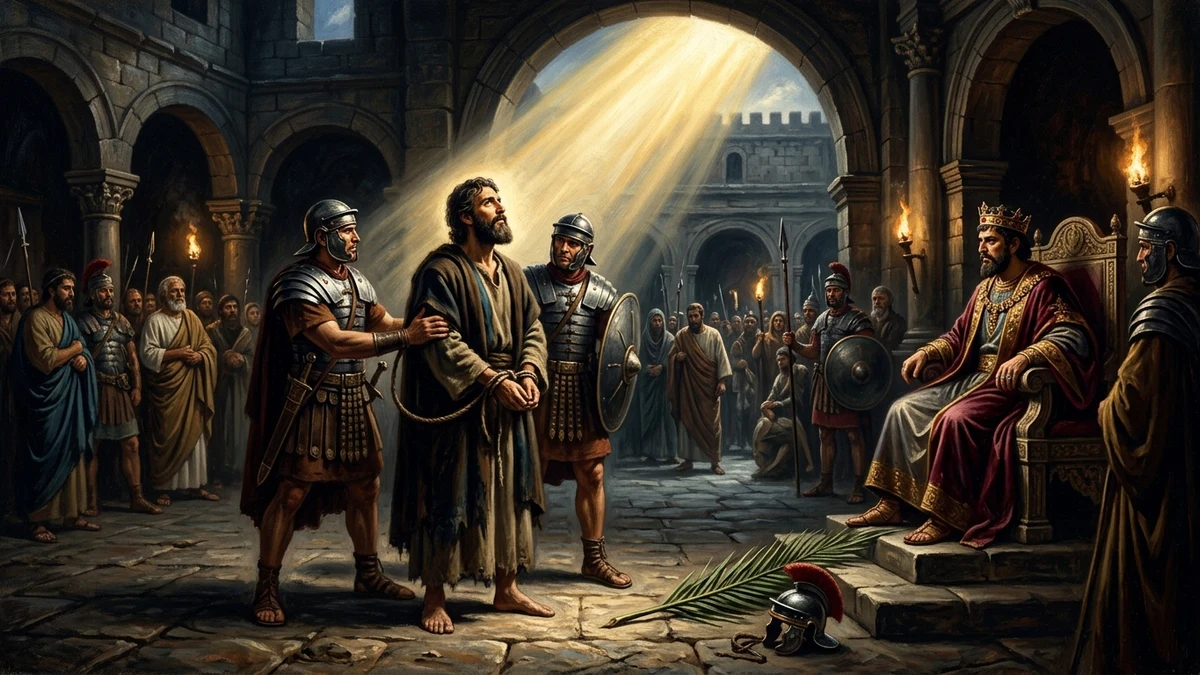 Apostle James the Greater standing courageously before Herod Agrippa in Jerusalem court