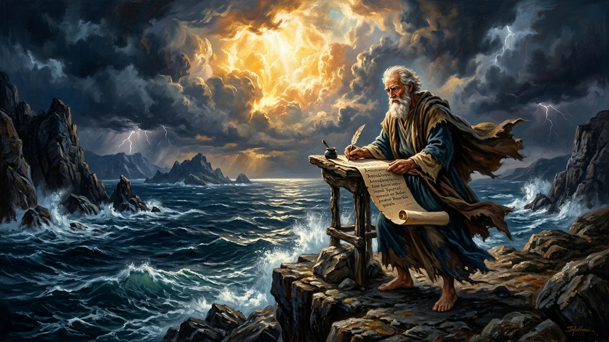 Elderly Apostle John on the rocky cliffs of Patmos writing Revelation under glorious cosmic light