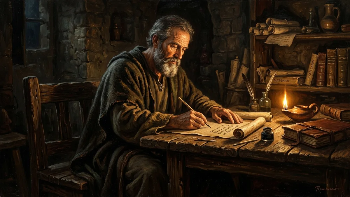 Apostle Matthew writing the Gospel of the King with oil lamp and ancient scrolls