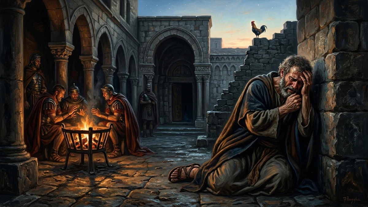 Apostle Peter weeping in bitter anguish in Caiaphas courtyard near charcoal brazier