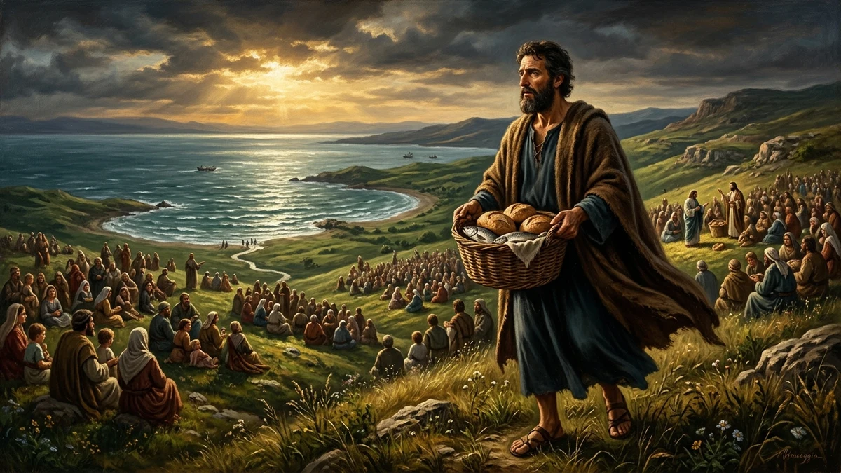 Apostle Philip holding basket of loaves and fishes during feeding of 5000 on hillside