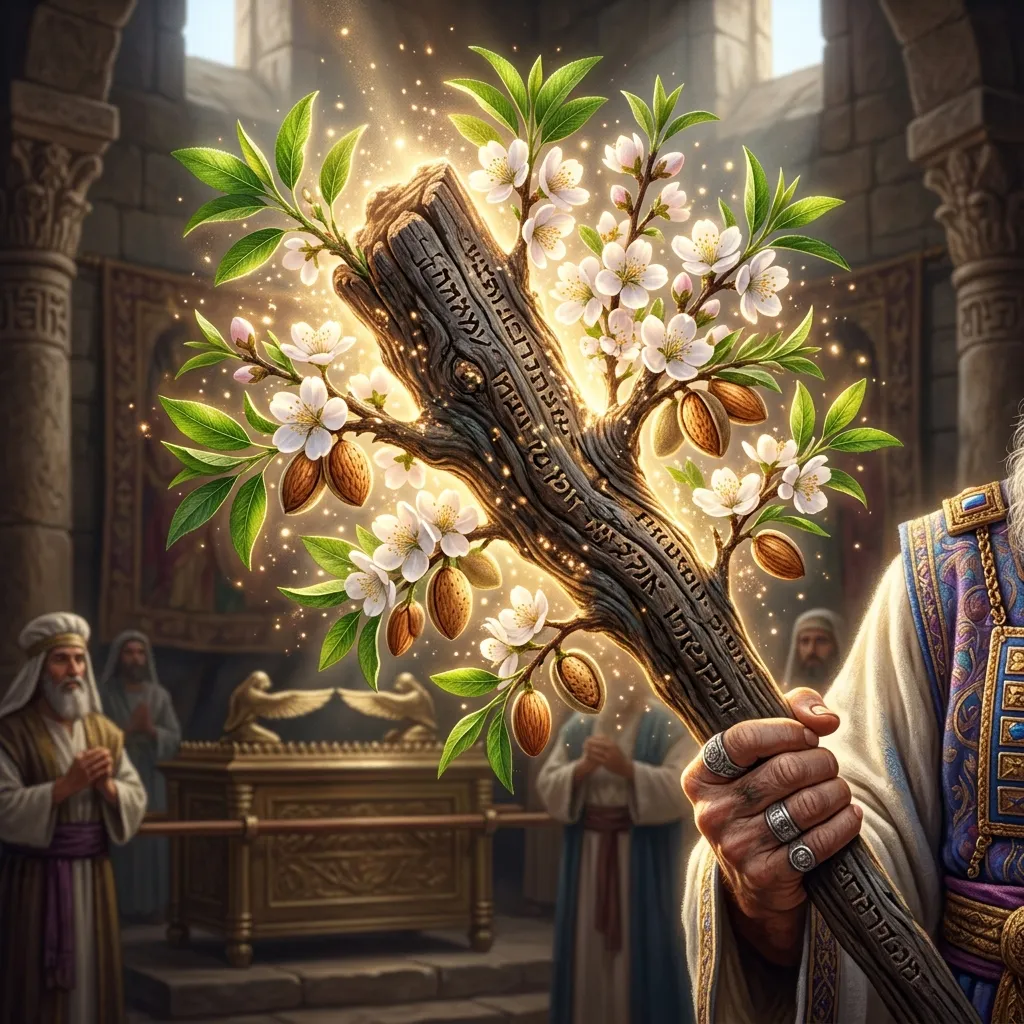 Aaron's staff miraculously budding, flowering with delicate blossoms, and bearing ripe almonds inside the Holy of Holies