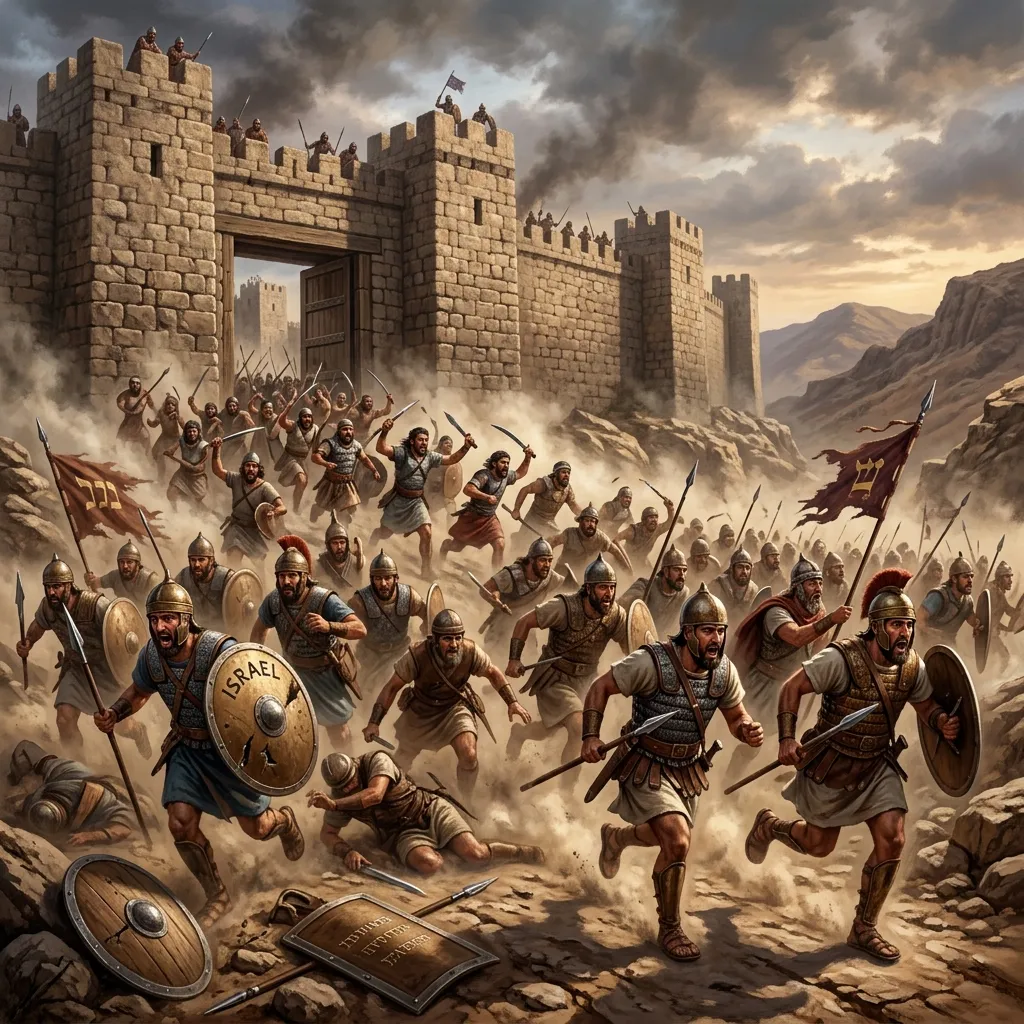 Israelite soldiers fleeing down the steep slope of Shebarim as the men of Ai pursue them