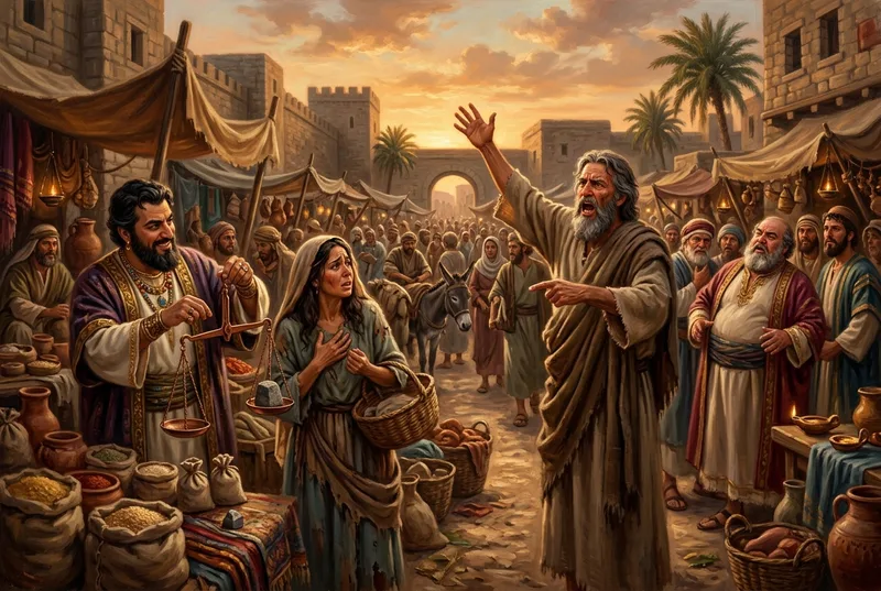 Amos confronting corrupt merchants in the marketplace