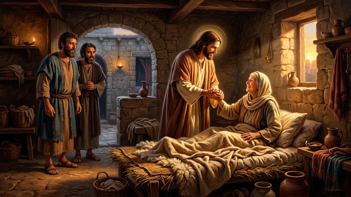 Jesus lifting Peter's mother-in-law by the hand as her fever breaks in Capernaum