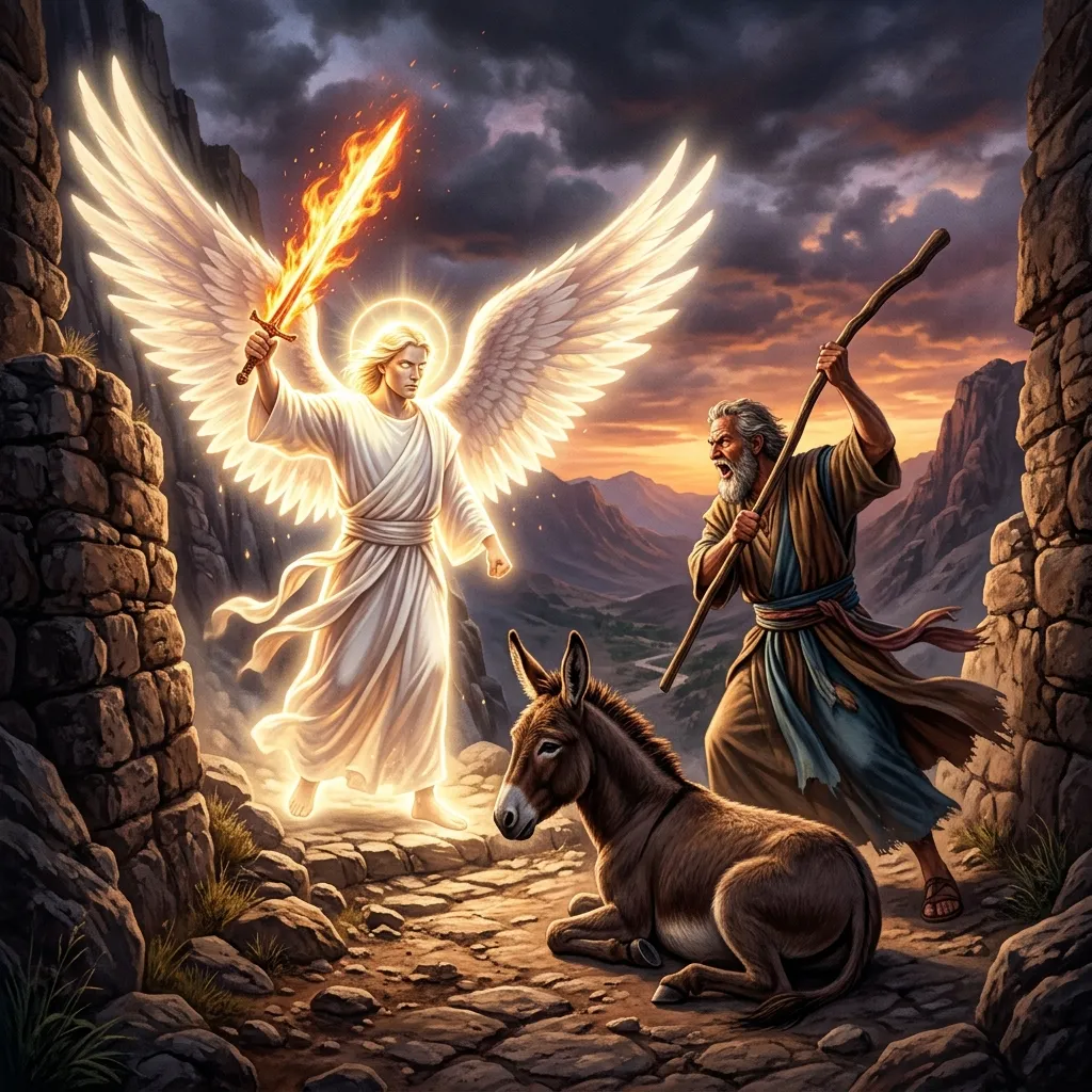 The Angel of the Lord standing with a drawn sword in the vineyard path as the donkey turns aside and rebukes Balaam