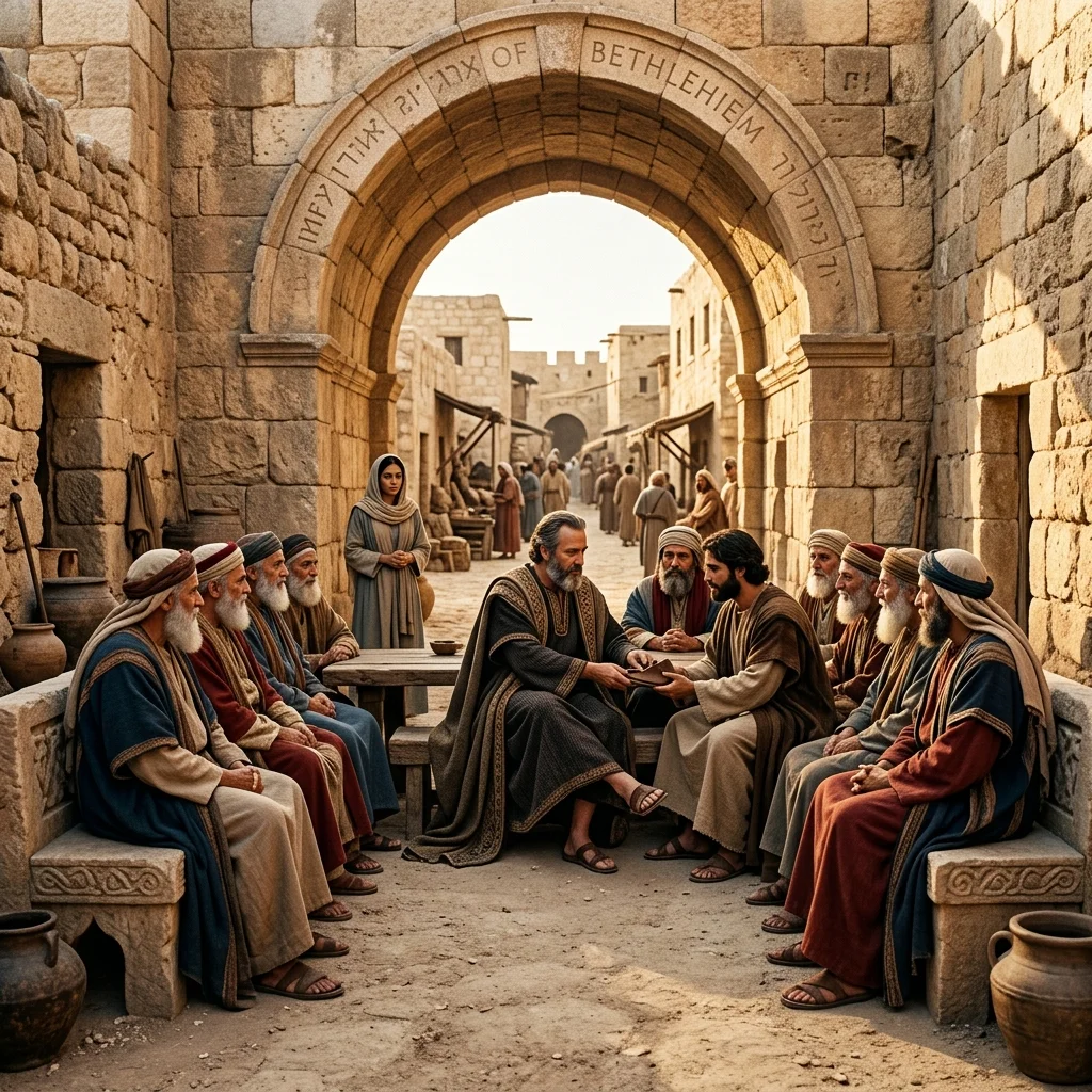 Boaz extending his hand in generosity to Ruth as she gleans barley sheaves in the golden fields of Bethlehem