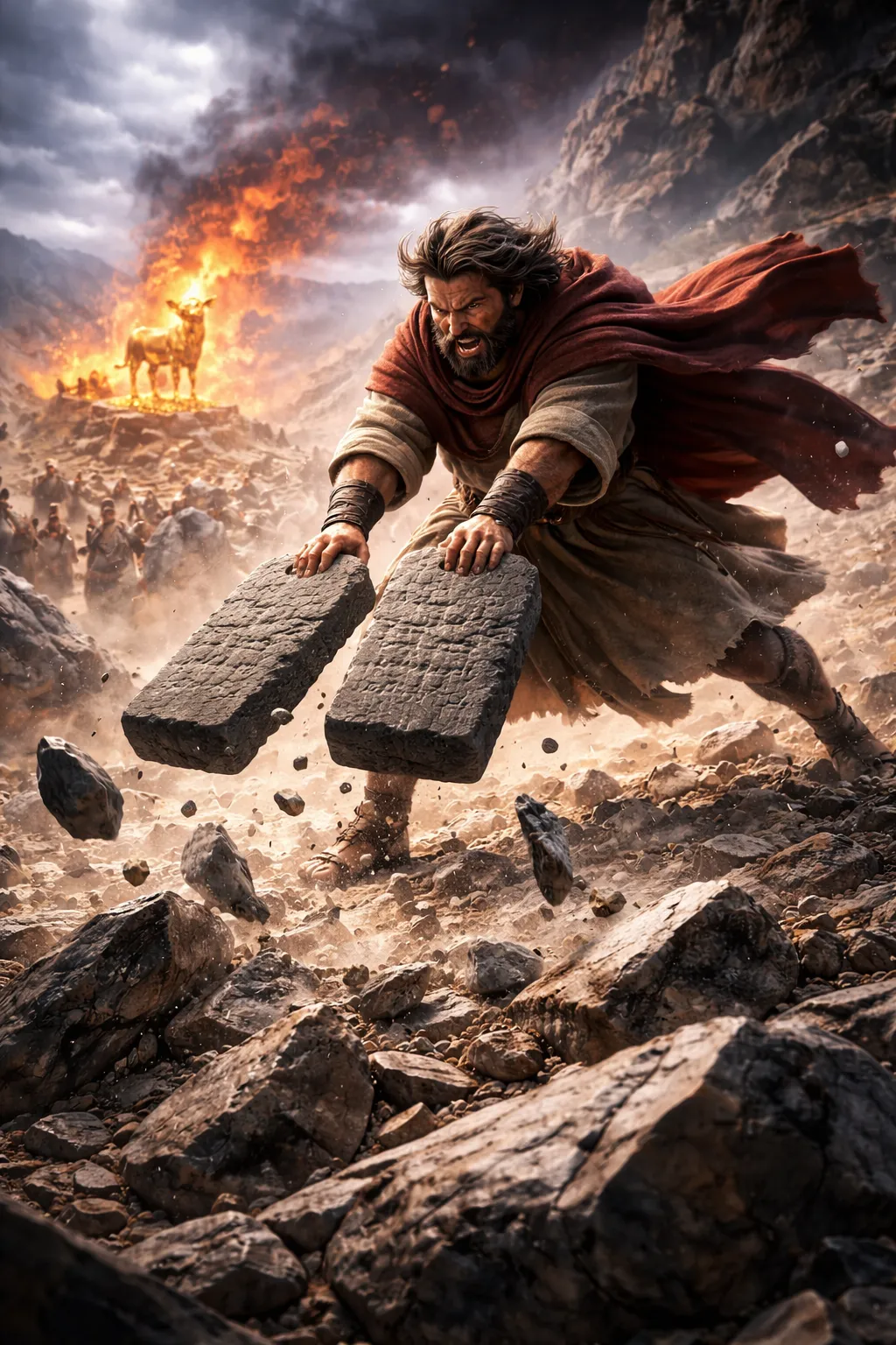 Moses descending Mount Sinai with the stone tablets, confronting the golden calf idolatry
