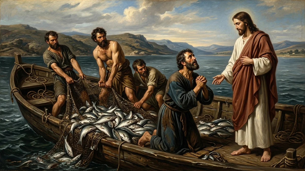 Masterpiece depiction of the miraculous catch of fish and Peter kneeling before Jesus in the boat