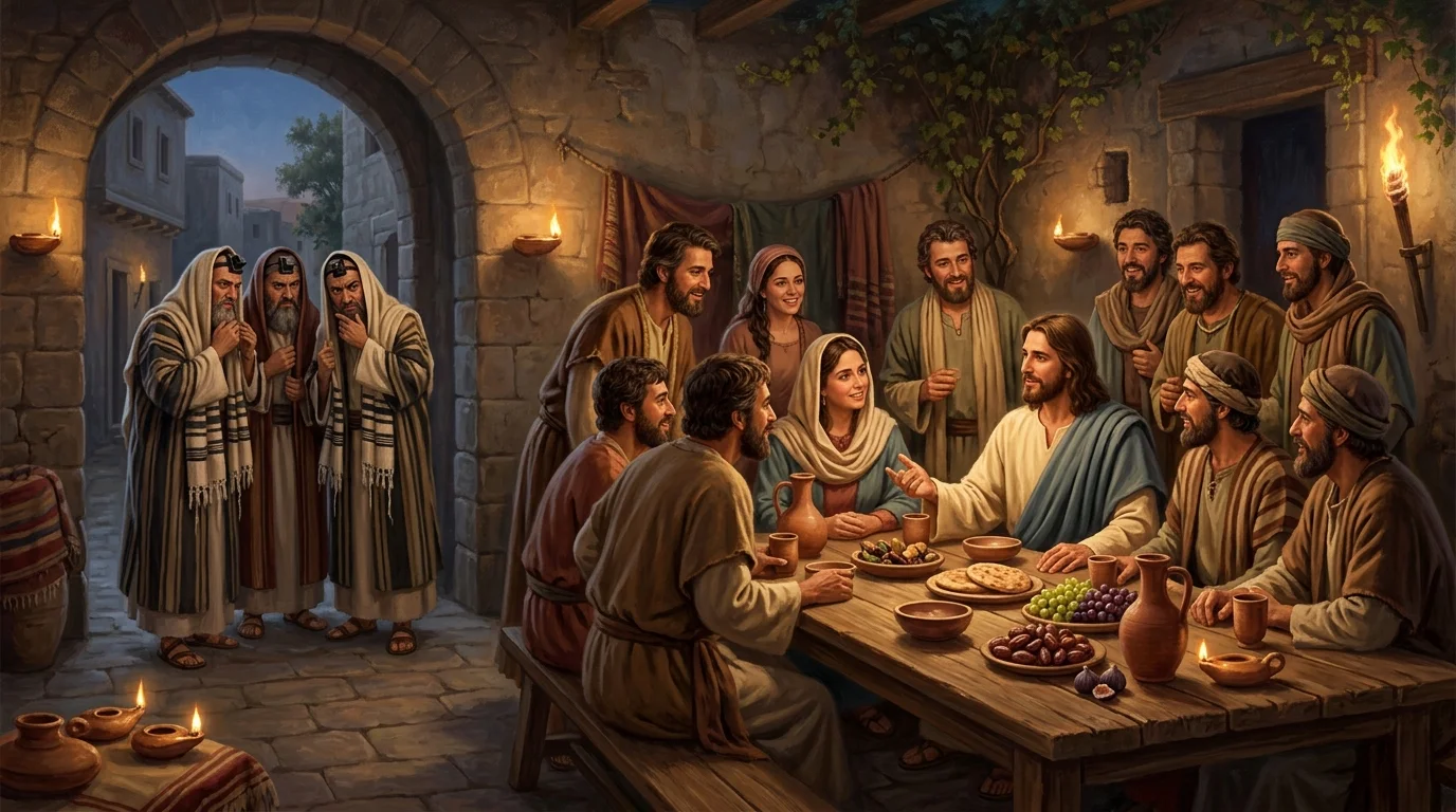 The great feast in Matthew's house: Jesus dining with tax collectors and sinners while Pharisees look on critically