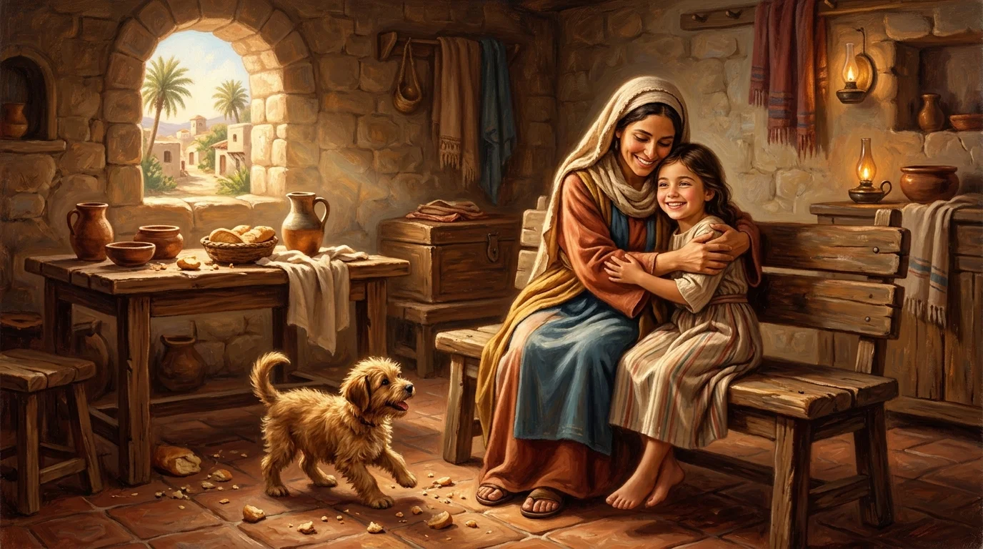 The joyful Canaanite mother embracing her healed smiling young daughter in their rustic stone home in Tyre, with a small pet puppy playing near fallen bread crumbs