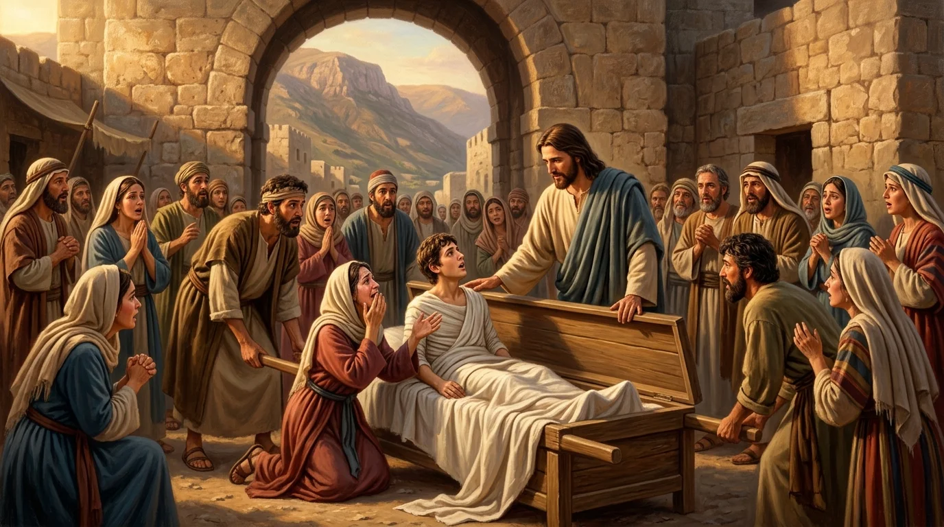 Jesus touching the funeral bier outside the gate of Nain as the widow's son sits up alive