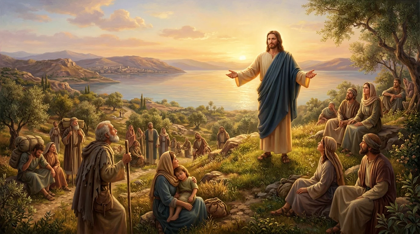 Jesus Christ standing upon a sunlit Galilean hill with open arms, offering the Great Invitation to weary and burdened laborers