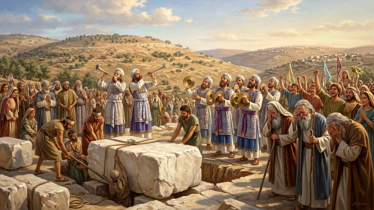 The laying of the Second Temple foundation in Jerusalem with trumpets and weeping