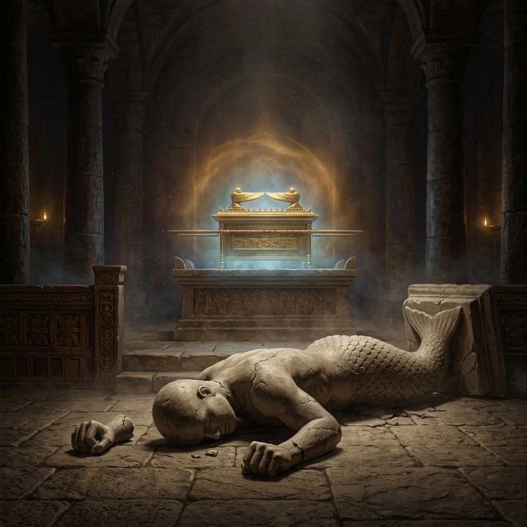 The idol of Dagon fallen face-down before the Ark of the Covenant with severed head and hands upon the threshold in Ashdod