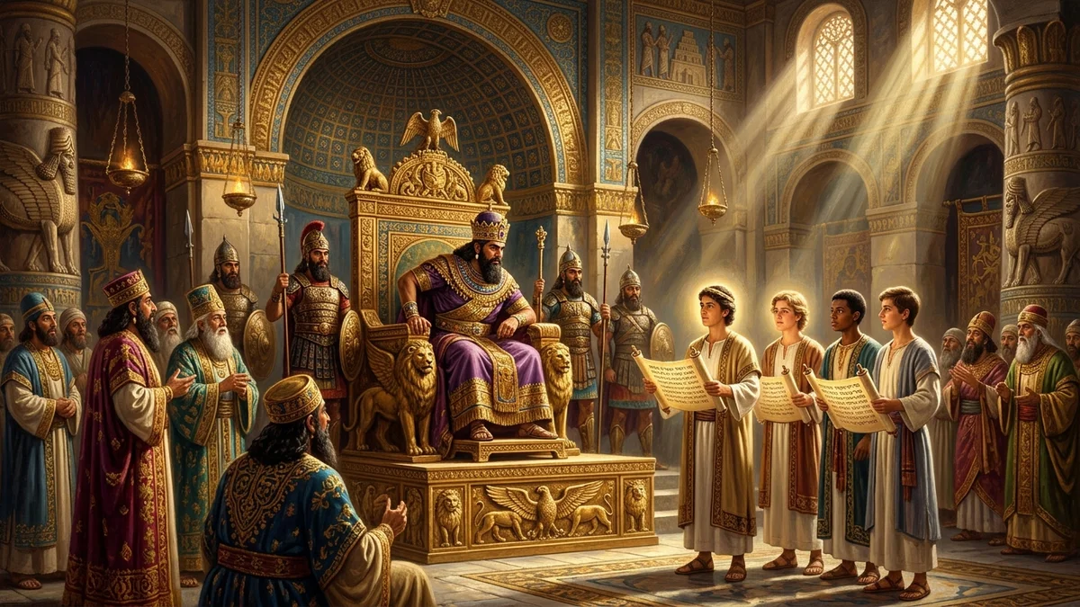 The four Hebrew youths standing radiantly before the king