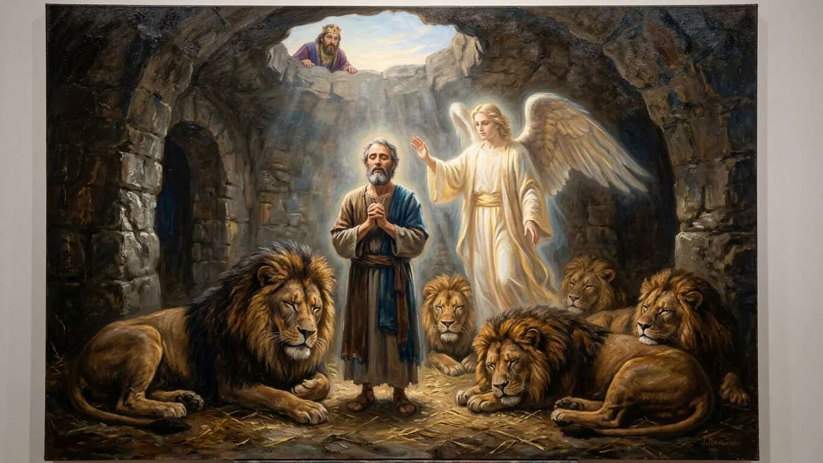 Daniel in the lions den with the angel shutting lions mouths