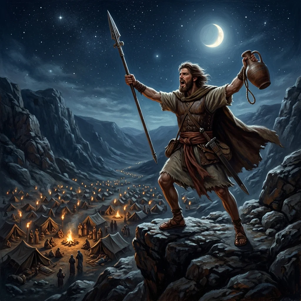 David holding Saul's spear and water jug from afar