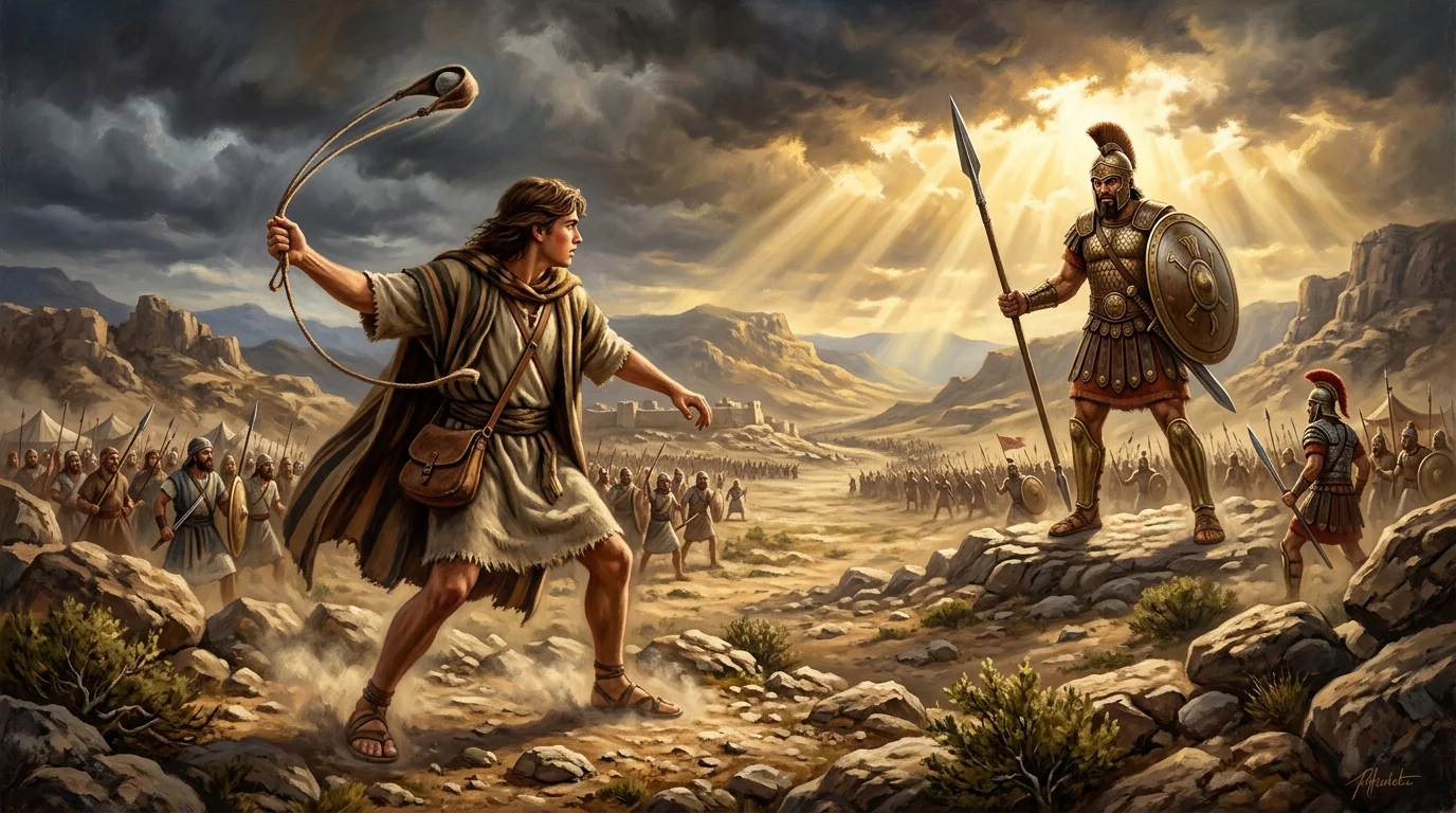 Young shepherd David whirling his woolen sling with resolute faith against the towering giant Goliath in the Valley of Elah