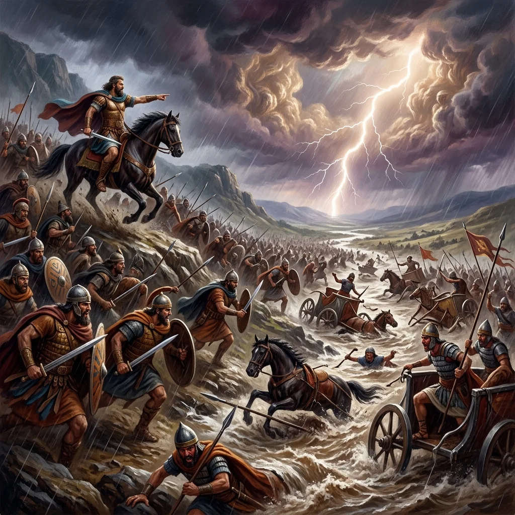 Barak's ten thousand Hebrew warriors sweeping down Mount Tabor amid the torrential storm that flooded the Kishon River and bogged down Sisera's iron chariots
