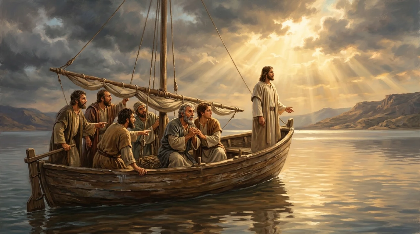 The dramatic calm on the Sea of Galilee: Jesus standing peaceful on the boat while disciples stare in awe at the glassy water