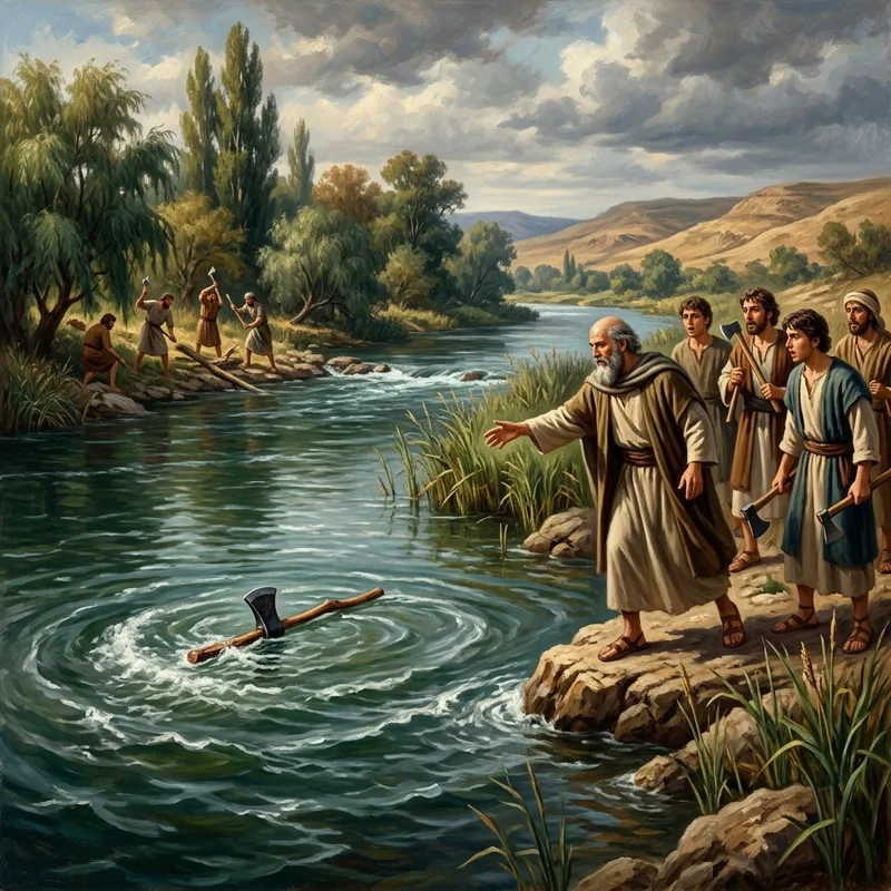 Iron axe head floating to the surface of the Jordan River