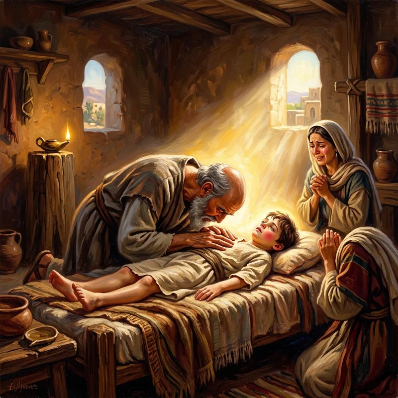 Elisha praying over the Shunammite woman's son