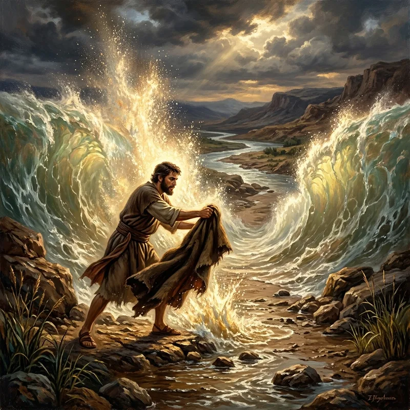 Elijah taking off his cloak and striking the Jordan River