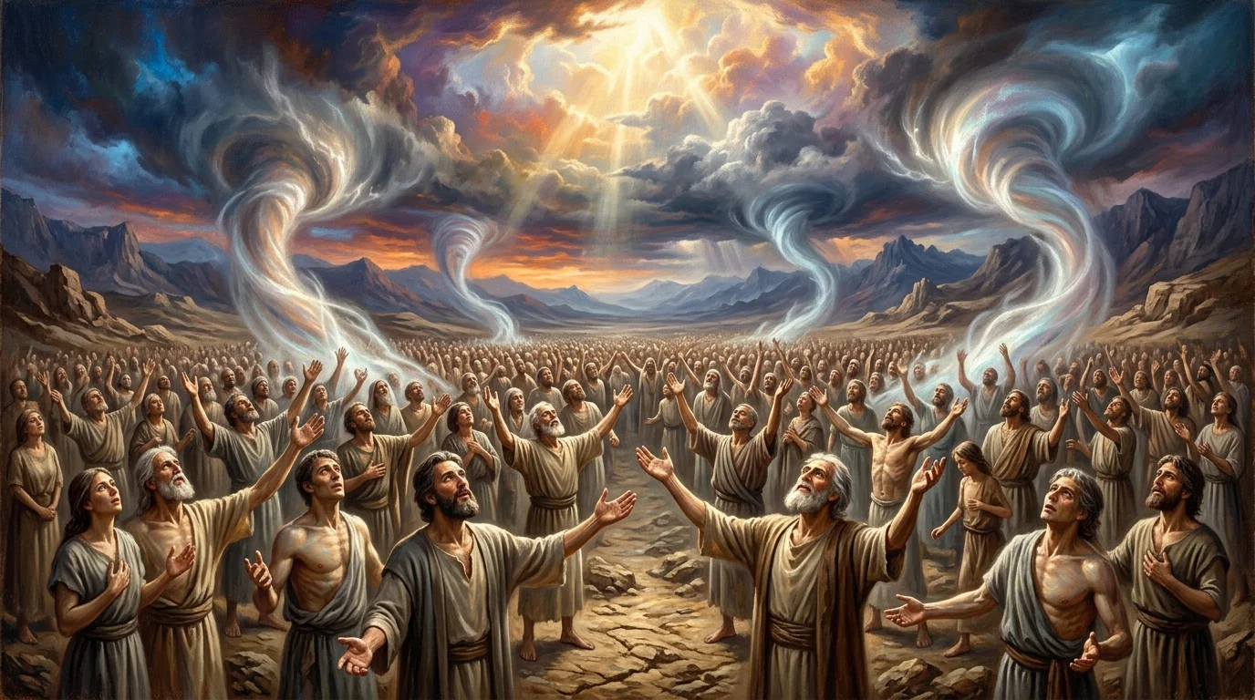 The resurrected great army standing on their feet in praise to God