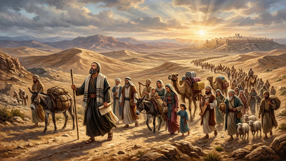 Ezra leading the caravan across the desert trusting in God's protection
