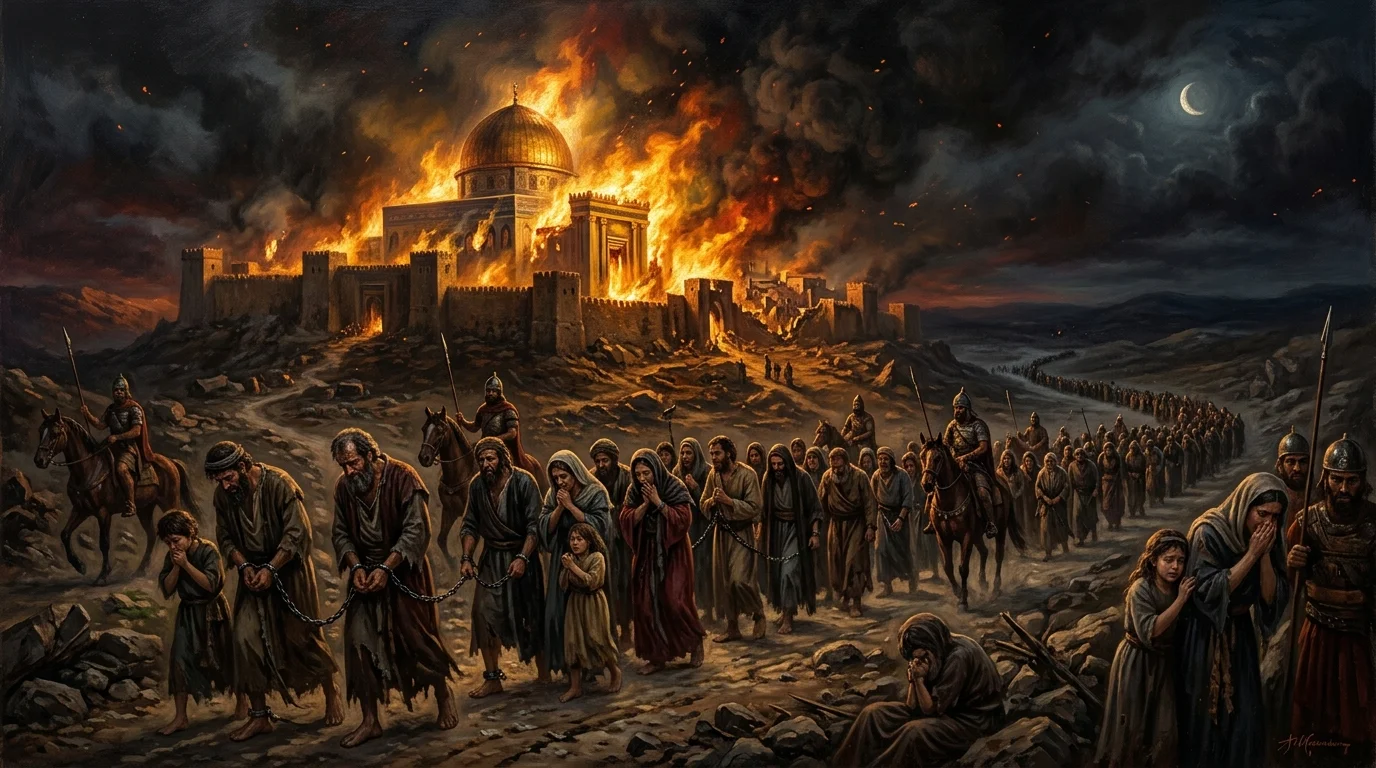 Solomon's Temple burning as captives are led into Babylonian exile