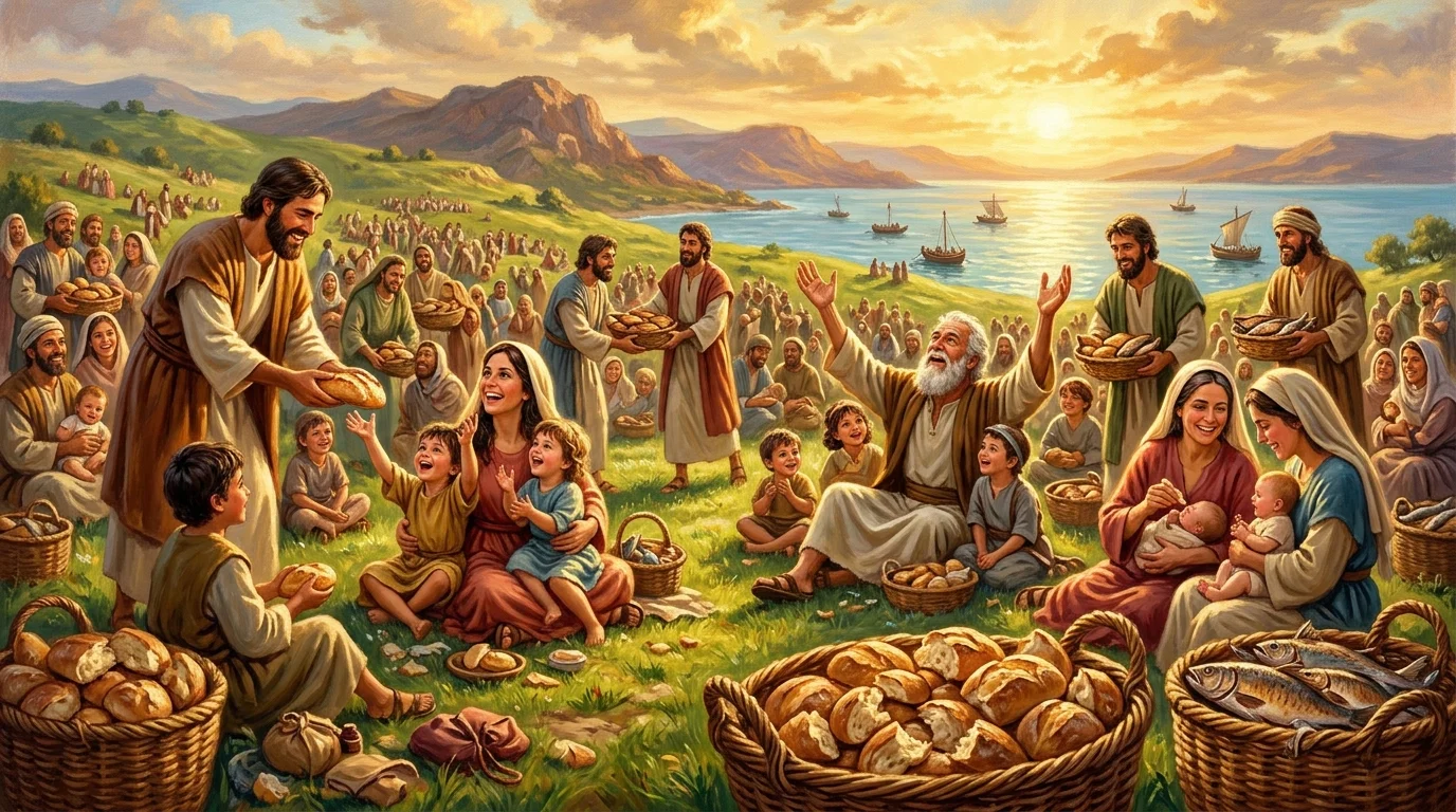 Disciples distributing overflowing baskets of multiplied bread and fish to thousands of joyous families sitting on the green grass