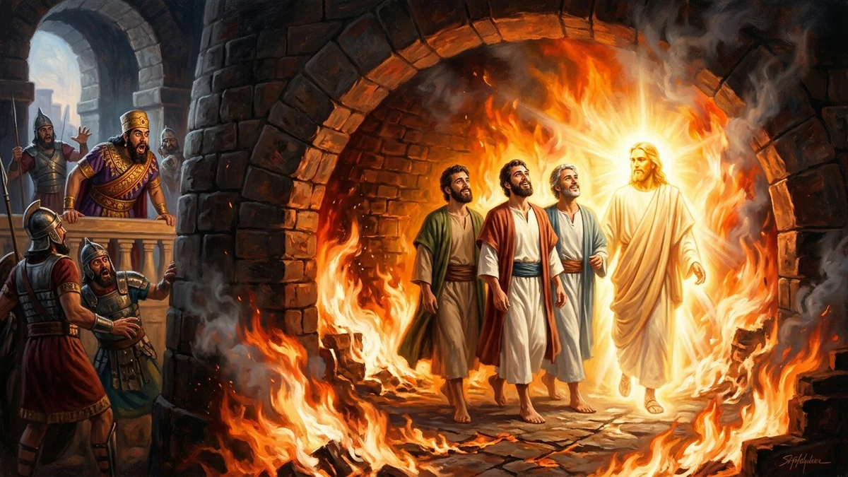The fourth man in the fire walking with the three Hebrew youths