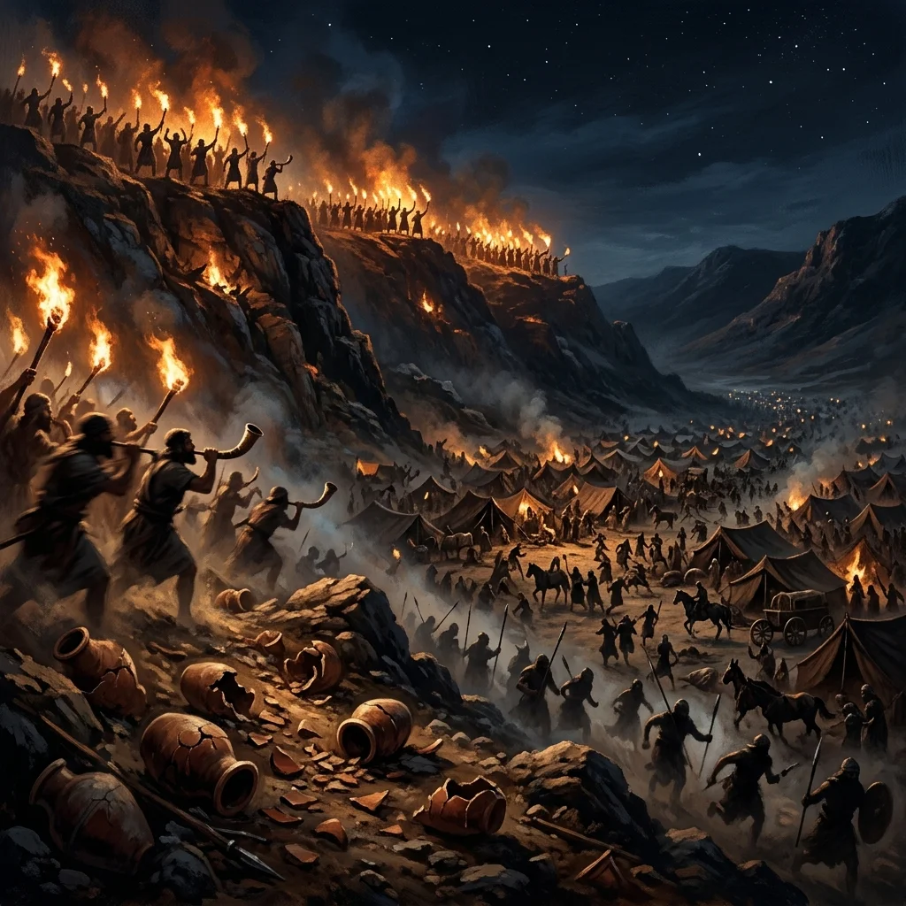 Gideon's three hundred warriors blowing shofars, breaking clay pitchers, and holding flaming torches atop the hills surrounding the sleeping Midianite camp