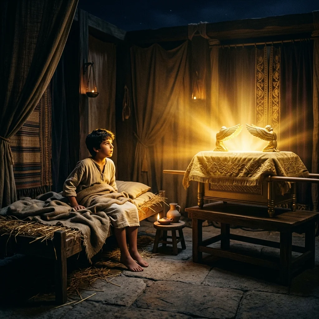 Young Samuel awakened in the night beside the golden Menorah in the sanctuary of Shiloh as the Lord calls his name