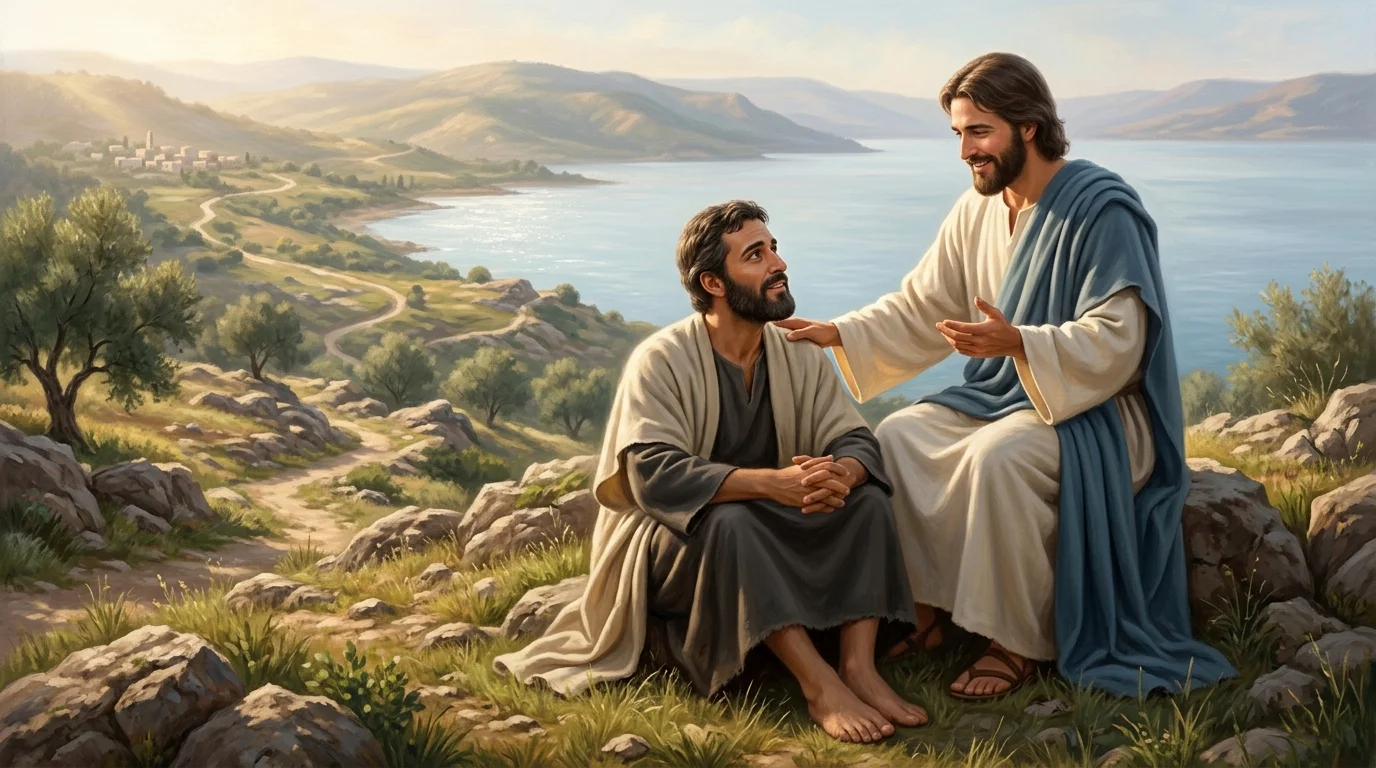 The healed Gerasene man sitting peacefully clothed at Jesus' feet while fearful townspeople look on