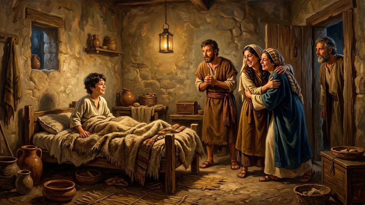The nobleman's son sitting up healed in bed as his family rejoices in Capernaum