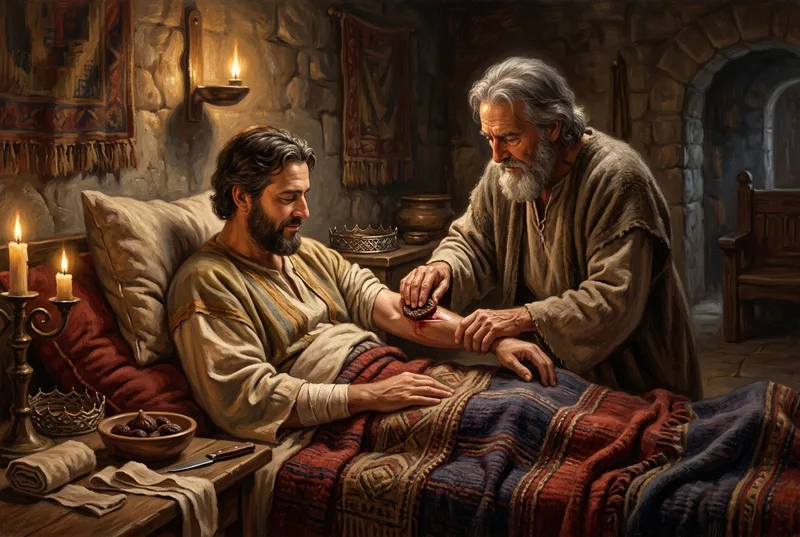 Isaiah applying a poultice of figs to Hezekiah's wound