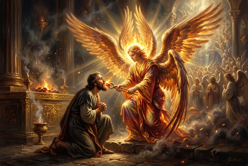 Seraph touching a burning coal to Isaiah's lips