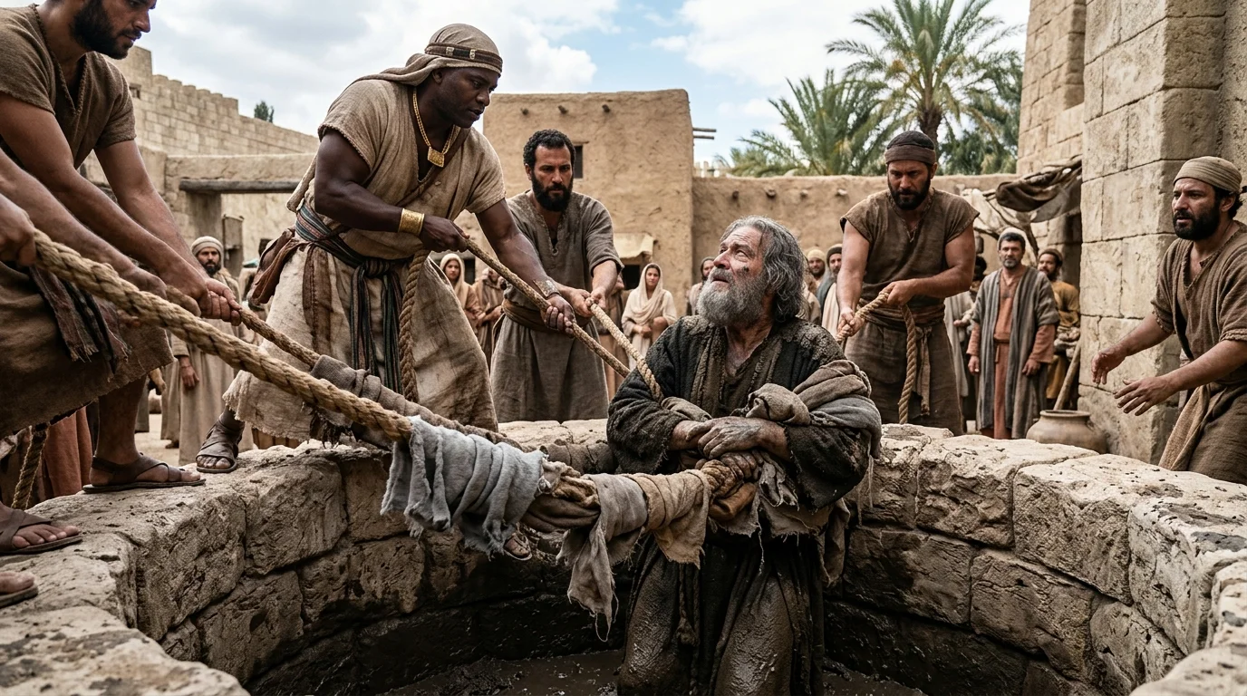 Ebed-Melech lowering padded ropes to pull Jeremiah from the cistern