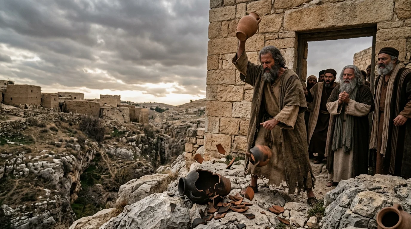 Jeremiah smashing the clay jar before the elders at the Potsherd Gate