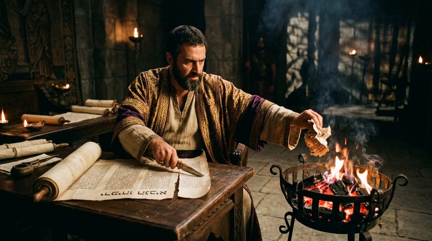 King Jehoiakim burning Jeremiah's scroll in the winter fire