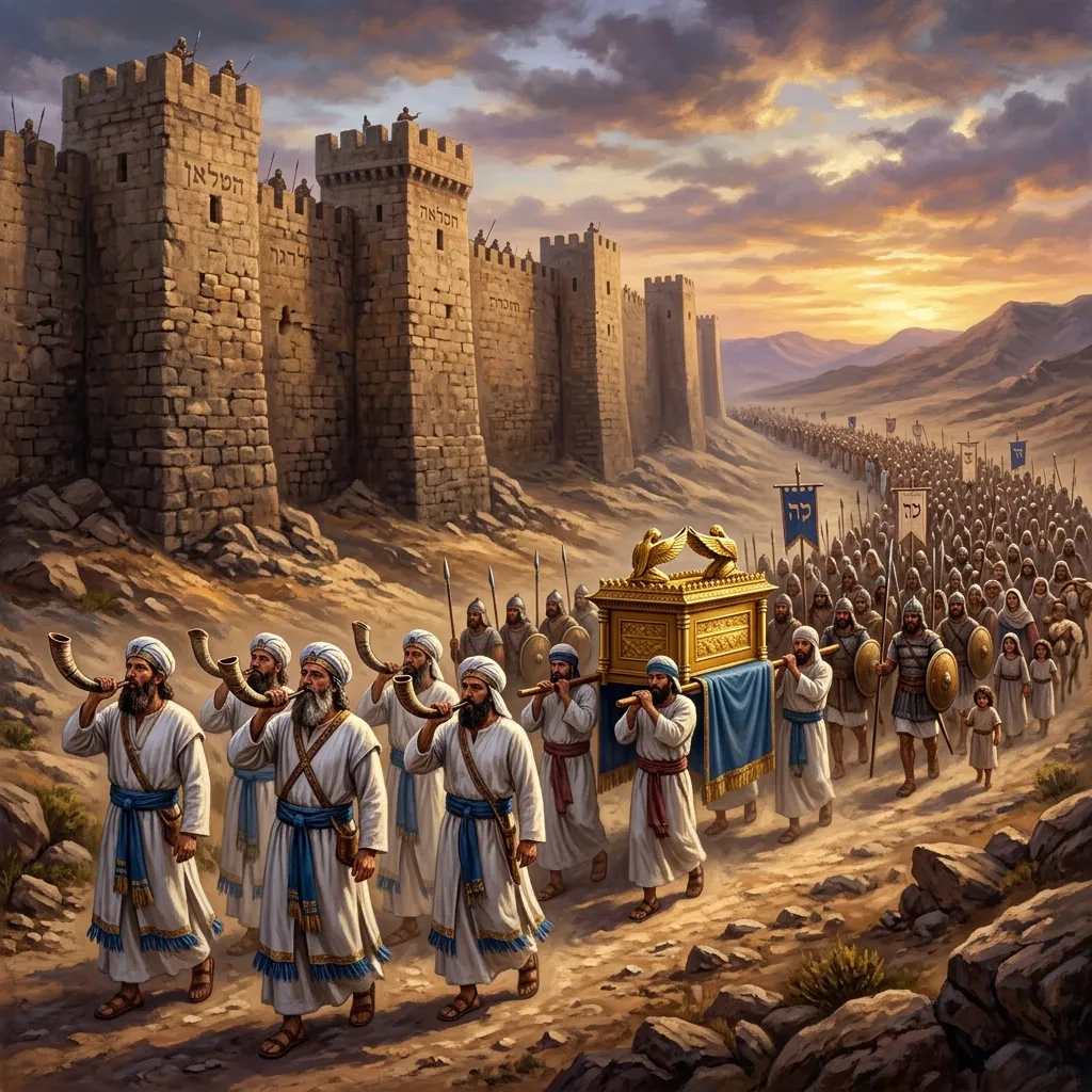 The priests carrying the Ark of the Covenant and blowing ram's horn trumpets as the armed men march around the fortified walls of Jericho