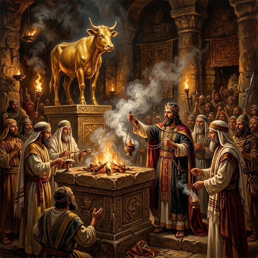Prophet Ahijah tearing his cloak into twelve pieces before Jeroboam