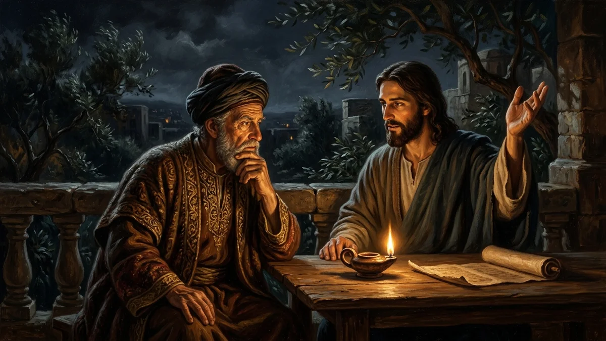 Jesus teaching Nicodemus about the lifted bronze serpent and the eternal love of God under the night sky of Jerusalem